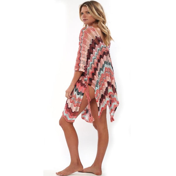 Utsvängd Dam Kaftan Strandkläder Boho Stickad Solskydd Bikini C