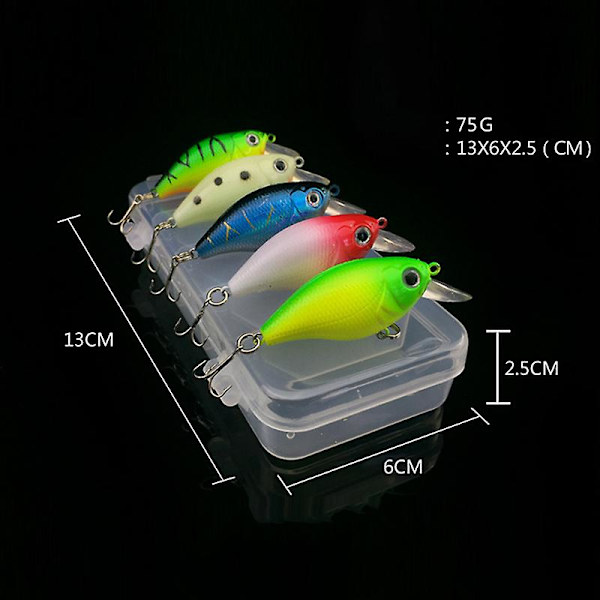 5 st 3D Hårda Fiske Beten Drag 7g/5.5cm 6# Krok Dykningsdjup 0.8-1.2m Fiskeredskap Med Låda