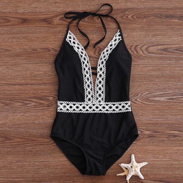 Sexiga kvinnor Halter One Piece Baddräkt Badkläder Monokini Spets Spets Baddräkt Sommar Strandkläder Black M