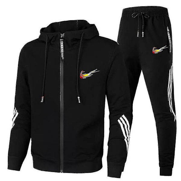 Sportkläder för män, avslappnad mode sweatshirt med full dragkedja, huvtröja, byxdress, sportdress, sportkläder BLACK 2XL