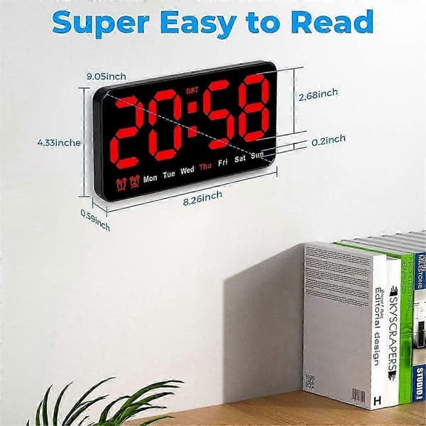 Digital väggklocka, 9-tums LED digital klocka stor display med 12/24H, stora siffror, liten tyst väggklocka (röd)