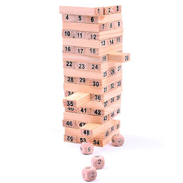 54 stk. Treklosstårn Byggeklosser Jenga Stabler Utdannende Domino Leker + 4 stk. Terninger Barn