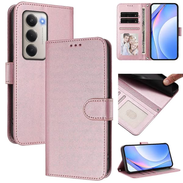 Plånboksfodral för Xiaomi Redmi 15 5G med RFID-skydd, kalvläderstruktur, stativfunktion och handledsrem Pink Pink
