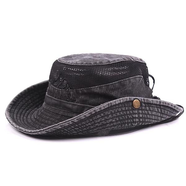 [LCS]Män Bomull Broderi Hatt Utomhus Solskydd Bred Brätte Vikbar Boonie Bucket Hatt Grey