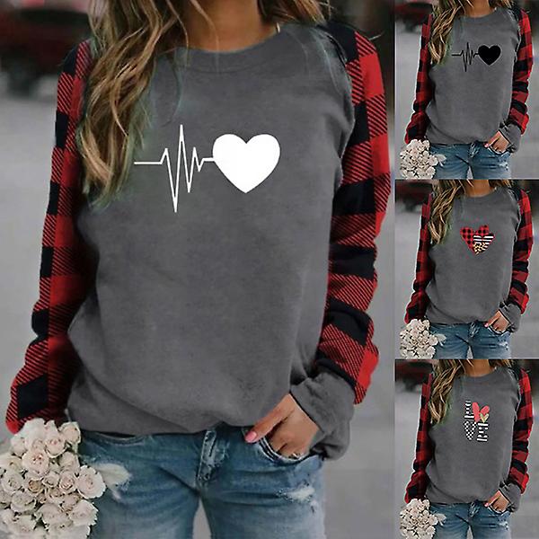 Plus Size Dame Pullover Langærmet T-shirt Mode Kvinde Kærlighedsbrev Trykt Rund Hals Casual 106 S