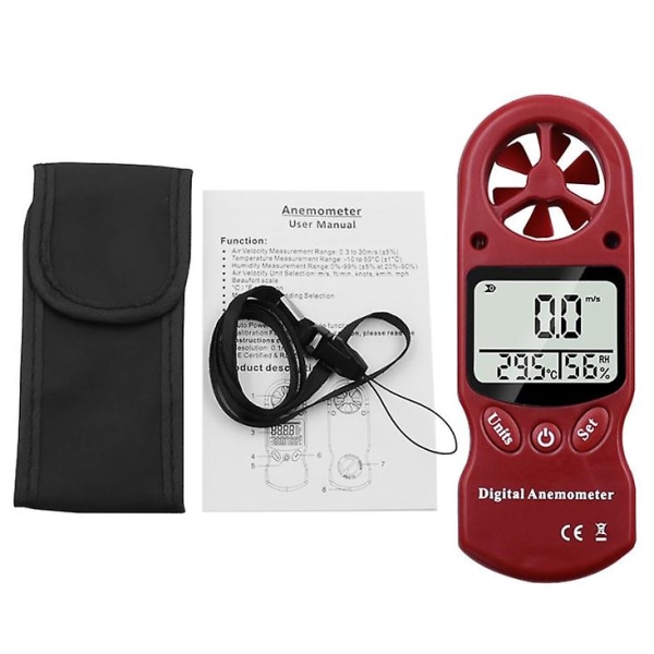 Mini handhållen vindmätare, termometer och hygrometer, LCD digital skärm red