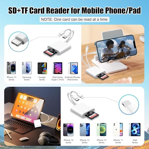2-i-1 Lightning + USB-C SD-kortlæser til iPhone V 2-in-2 Lightning + USB C Card Reader