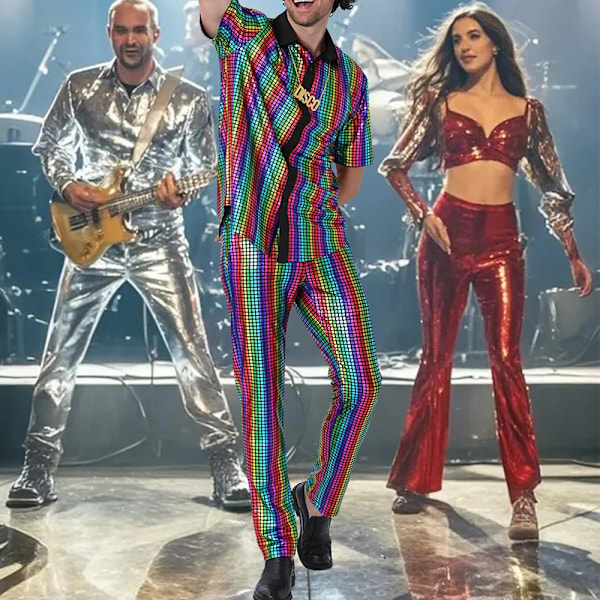 Herre 70'er 80'er Glitter Paillet Skjorter Metallisk Festkostume Kortærmet Knapskjorte Sjov Natklub T-shirt Mørke Striber M Dark Stripes