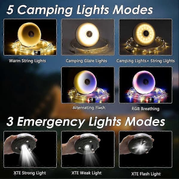 9,9 m Camping String Lights, 4-i-1 Oppladbar Campinglykt med 8 Moduser, 2-pakning