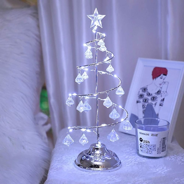 Metall Juletréformet LED Bordlampe Lysende Juletré Med Krystallanheng Nattlys For Soverom silver
