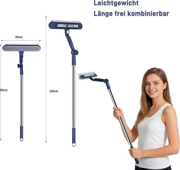 2-in-1 Extendable Window Cleaner - 120 cm Telescopic Squeegee & Scrubber, Rotating Head for Windows, Mirrors & Showers - Blue