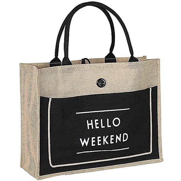 Hellow Weekend Linne Flax Vattentät Fodrad Tygväska Axelväska Stor Shoppingväska Black