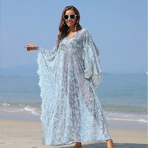 [LCS] Strandöverdrag Boho Spetskimono Plus Size Bikini Robe Baddräkt för kvinnor Solid-MXBC Mint Blue