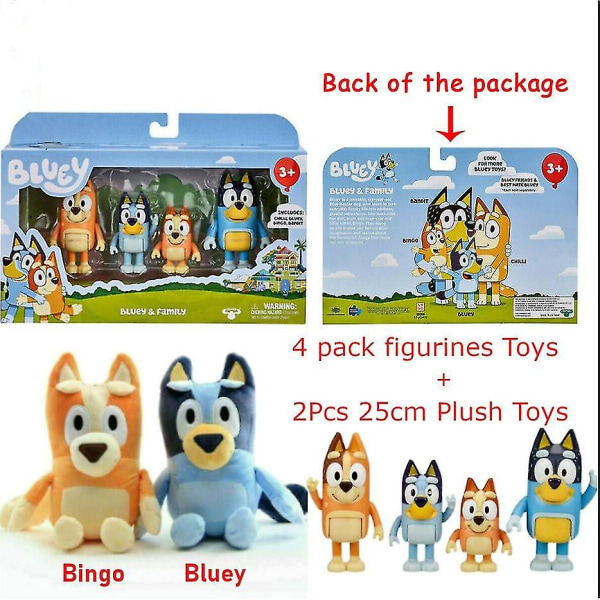 Bluey Family Bingo Toys 4st Pack Set + 2 Styck 25cm Bingobluey Plyschleksak Kid Present