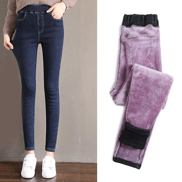 Dobbel Fleece Termisk Jeggings Varme Bukser Jeans Vinter Varme Bukser For Kvinner Jente Dark Blue 25