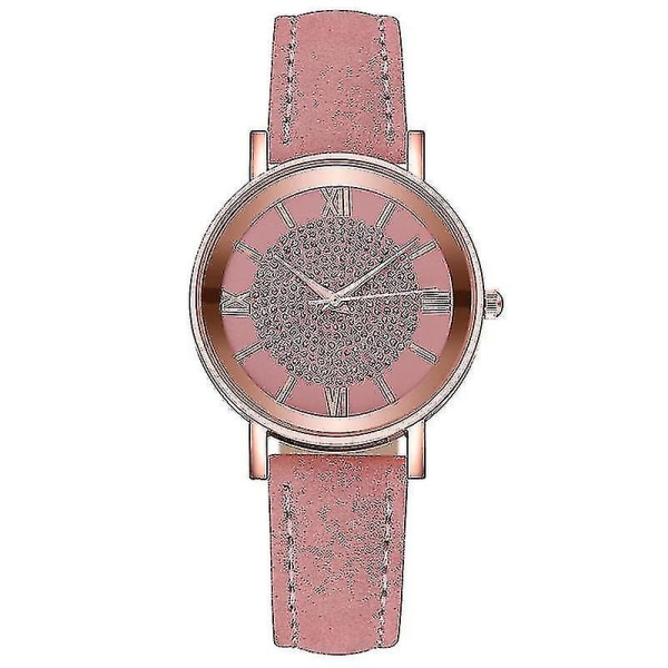 Stjärnklar Himmel Urtavla Mode Romerskt Index Strass Läder Dam Quartz Klocka Pink Color