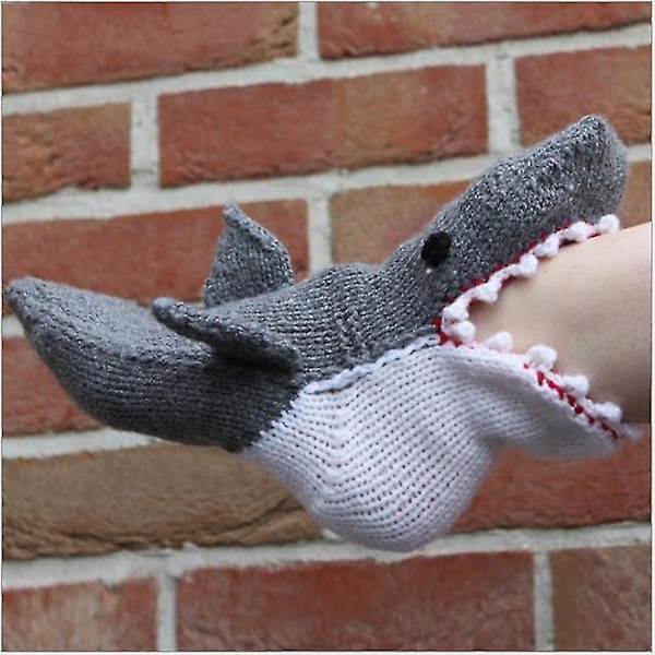 Neutrala Stickade Krokodilsockor Kreativ Djurform Varma Inomhus Vinter Dam Grey shark