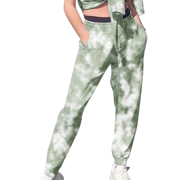 Dam Tie Dye Mjukisbyxor Casual Hög Midja Byxor Med Elastiskt Band Baggy Streetwear Green XXXL