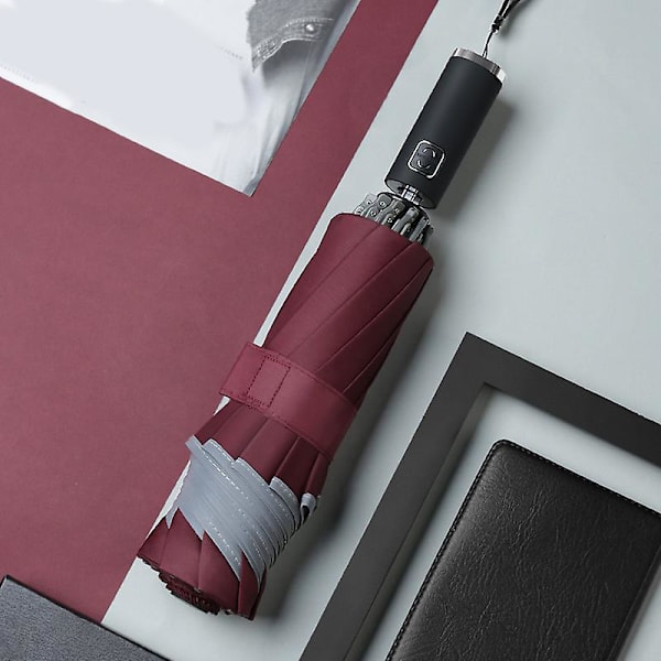 Automatisk paraply med refleksstribe, stor, omvendt 3-fold, 105 cm i diameter, 10 ribber Wine Red