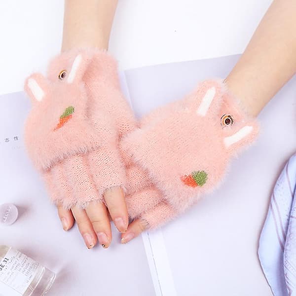 [LCS]Søde kaninører plys handsker, vendt halvfingerhandske pink