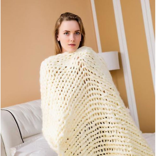 Grovstickad Filt Handgjord Merinoull Pläd Boho Soffdekor beige