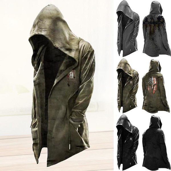 Trendig huva för män trenchcoat Halloween-tema printed för Cospaly Kostymer Festrekvisita Army Green L