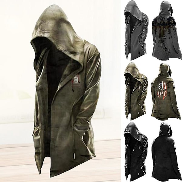 Trendy hættetrøje herre trenchcoat Halloween tema trykt til Cospaly kostumer festrekvisit Army Green 4XL