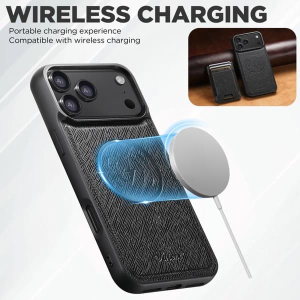 [LCS]iPhone 17 Case - Cross Grain Leather with MagSafe and Detachable Wallet Svart