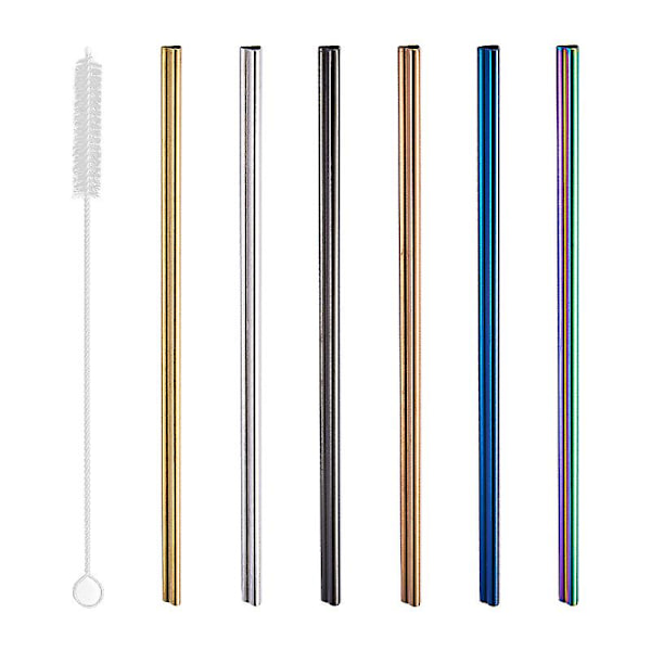 6 stk. Smoothie-sugerør i rustfritt stål, 21,5 cm x 8 mm med rengjøringsbørste, sølv Blue