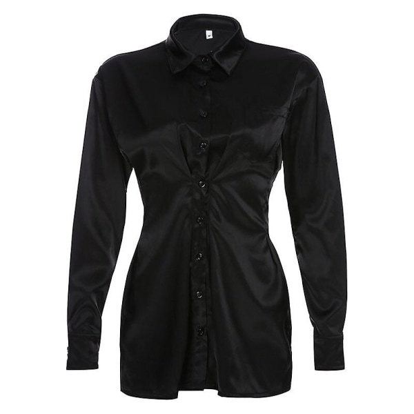 Plisserad Svart Satinklänning Elegant Vardaglig Långärmad Kort Klänning black S