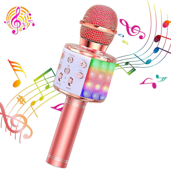 Trådløs Karaokemikrofon, Bærbar Bluetooth Karaokemikrofon med LED Discolys, Egnet for Barn/Voksen Sang, (Rose Gull)