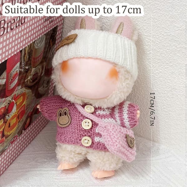 Tøj til Labubu 17cm Labubu tilbehør hæklet 3-delt sæt tøj til Labubu (lyserød sweater)