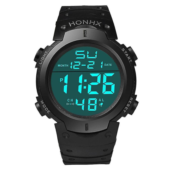 Mode, vattentät, digitalt LCD-stoppur Date Gummi Watch（Svart）
