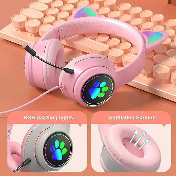 Kablet Gaming Headset Katteøre Hodetelefoner For Datamaskin Rosa Headset med Støyreduserende Mikrofon