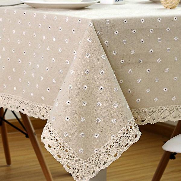 Pöytäliina kukkakuviolla, pellavaa ja puuvillaa, pitsireunuksella, ruokapöydän suojus 140cmx160cm
