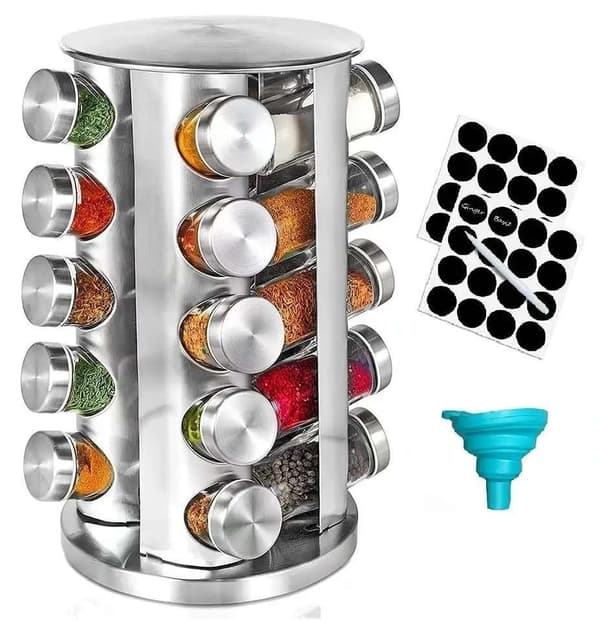 [LCS]20 Glass Jars + Labels - Spice Rack - Rotating Spice Tower Transparent Transparent Transparent