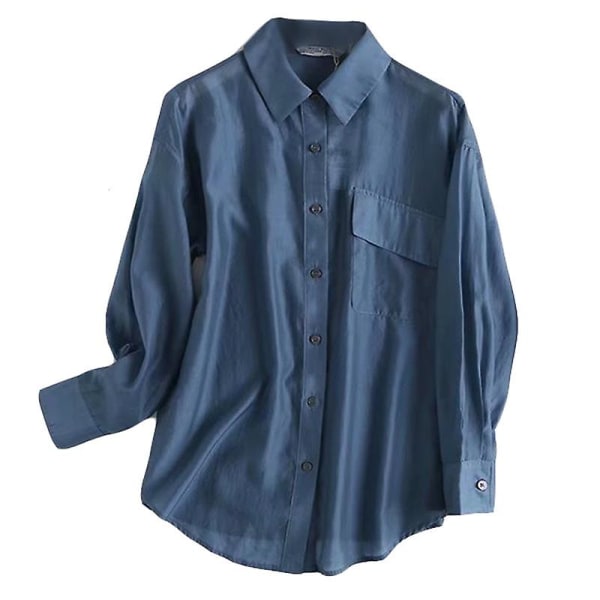 Mikrotransparent Lapel Tunn långärmad skjorta med fickor för kvinnor M