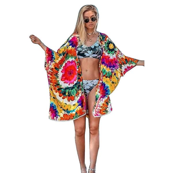 [LCS] Tryckt sommarbikiniöverdrag Solskydd Boho Strandkläder Kofta