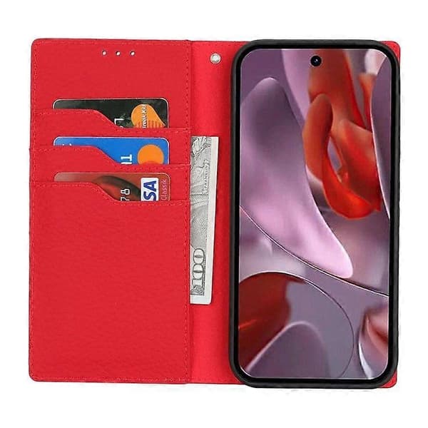 För Google Pixel 9a Plånboksfodral Äkta Kohud Telefonfodral Litchi Textur Red