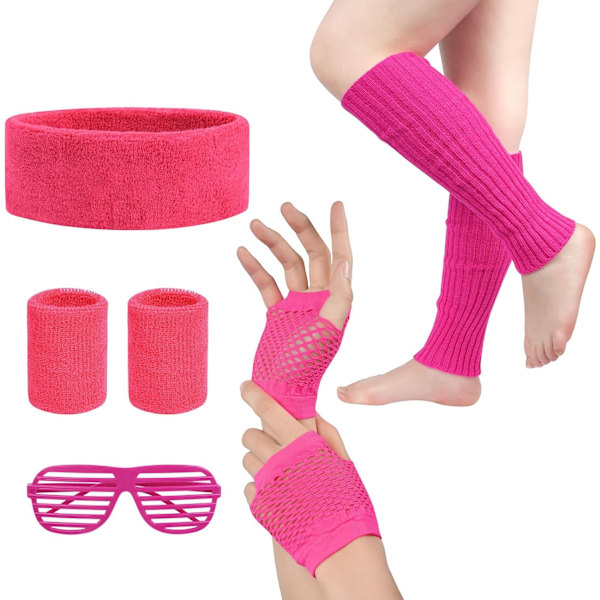 80-luvun Neon Party -vaatteet ja asusteet, 1980-luvun retroteemainen juhlapukeutuminen naisille ja tytöille, lasit mukana - Rose Red With glasses - Rose Red One size