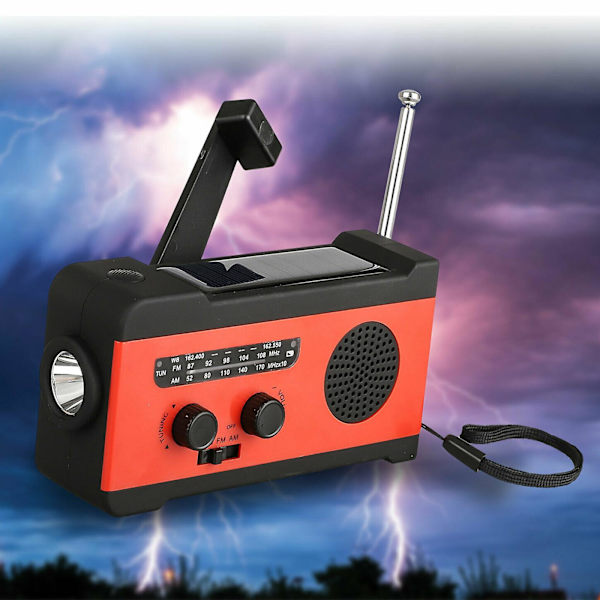 Nödradio med solceller och handvev, väderradio och ficklampa