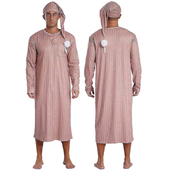 Henley sovtröja för män, randig, stor och lång, långärmad nattlinne med nattmössa khaki M