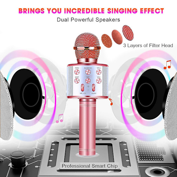 Trådløs Karaokemikrofon, Bærbar Bluetooth Karaokemikrofon med LED Discolys, Egnet for Barn/Voksen Sang, (Rose Gull)
