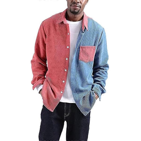 [LCS]Herre Shacket Patchwork Langærmede Knap-ned Fløjls Skjorter Kompatibel med Mænd Orange Blue XL