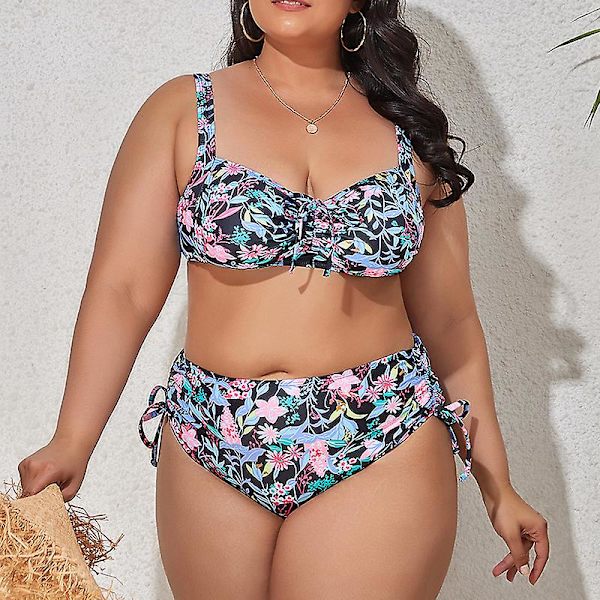Naisten Oversize Bikini 2-osainen Rypytetty Pehmustettu Uima-asu Säädettävät Olkaimet Flower XL