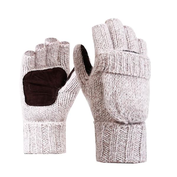 Vinterstrikkede fingerløse handsker, konvertible vanter med klap Beige