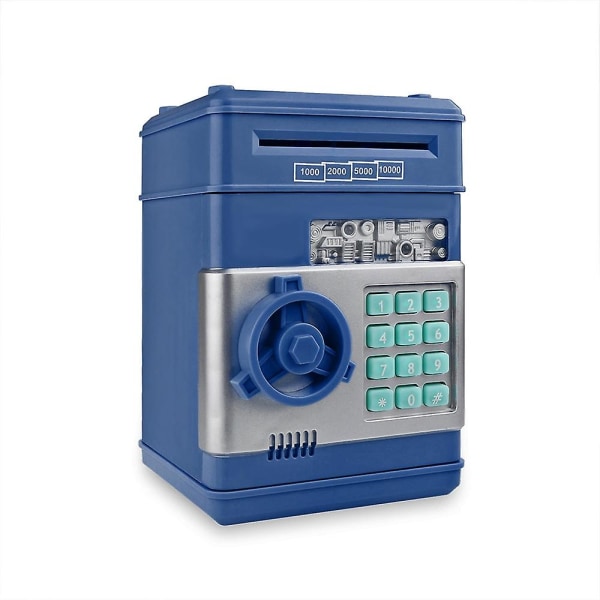 Elektronisk spargris ATM lösenord pengabox kontanter mynt sparbössa säkerhetsbox automatisk insättning sedlar barnpresent Blue