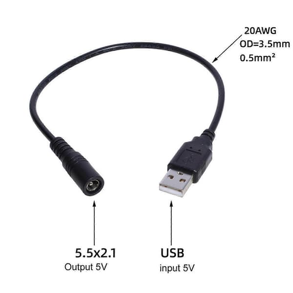 USB-DC-virtajohto, DC5.5x2.1mm naaras USB-uros DC5V-virtalähteen lataussovitinkaapeli USB-tuulettimelle/kaiuttimelle Multicolor