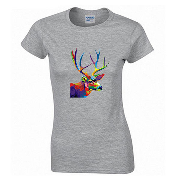 Kortermet T-skjorte i ren bomull, 7 farger, hjortdesign, dame BLUE XL