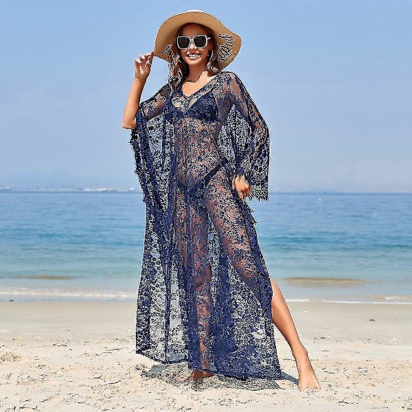 [LCS] Strandovertrekk Boho blondekimono Plus Size Bikini Robe Badedrakt for kvinner Solid-MXBC Navy Blue